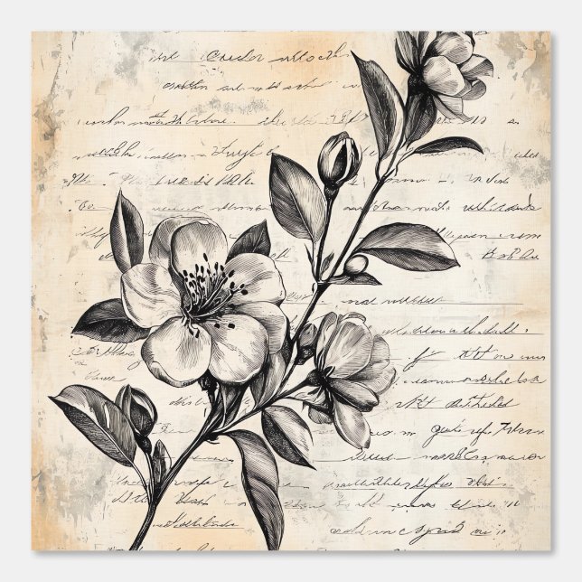 Rustieke bloemenschets met kalligrafie - Verweerd  Behang (Voorkant)