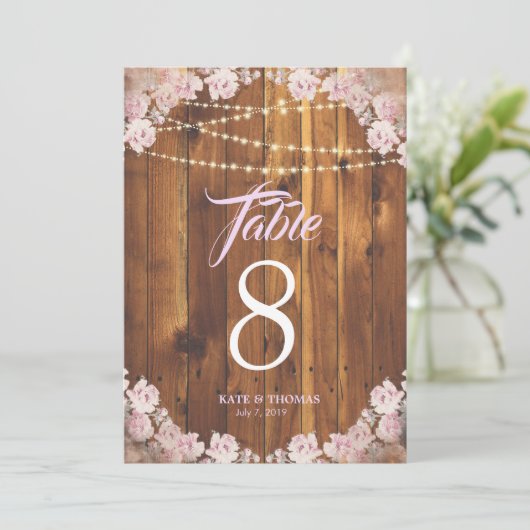 Rustieke bloemenslinger houten tafelnummer (Staand voorkant)