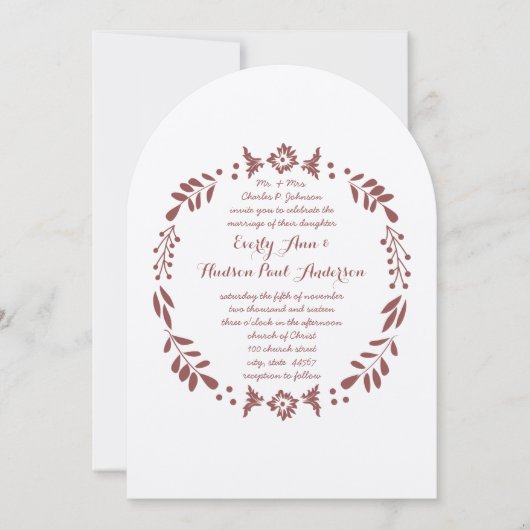 Rustieke bloemenslingers Folk Art Marsala Bruiloft Kaart (Voorkant)