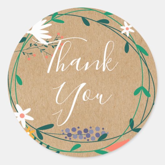 Rustieke bloemenslingerscript Bedankt Ronde Sticker (Voorkant)