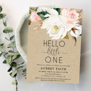 Rustieke bloemenslok en zie baby meisje, magnolia kaart