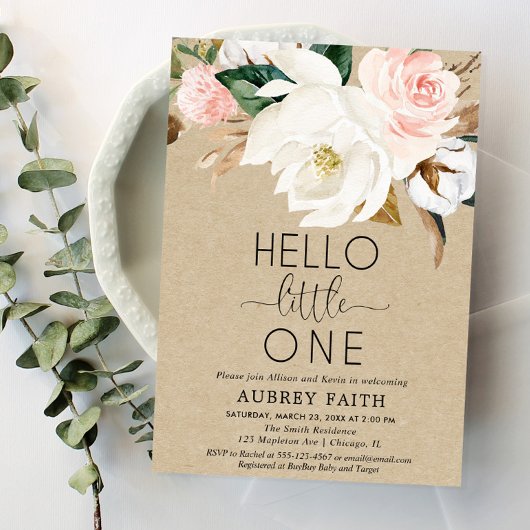 Rustieke bloemenslok en zie baby meisje, magnolia kaart