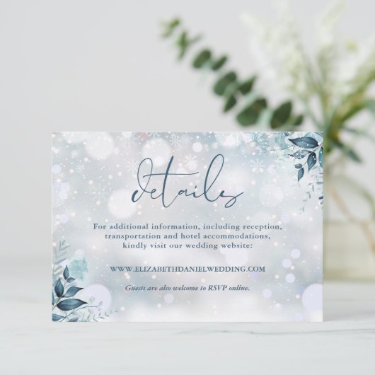 Rustieke bloemensneeuwvlokken Winter Bruiloft Deta Informatiekaartje (Staand voorkant)