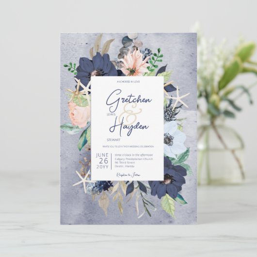 Rustieke Bloemenstrand Nautische bruiloft Kaart (Staand voorkant)