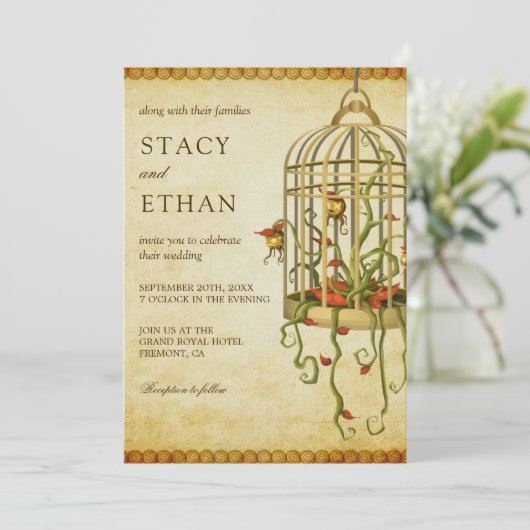  rustieke bloemenvogelkooi huwelijksuitnodiging kaart (Staand voorkant)