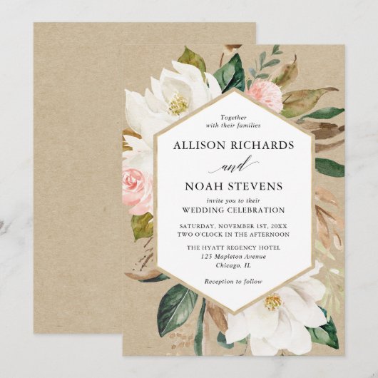 Rustieke bloemenwitte blos magnolia bruiloft kaart (Voorkant / Achterkant)