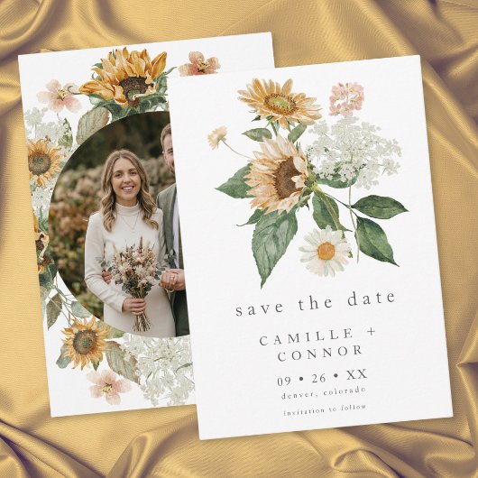 Rustieke bloemenzonnewildefoto bruiloft save the date