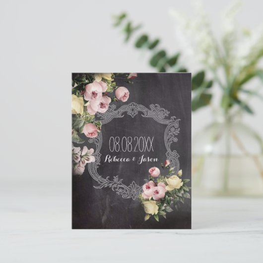 rustieke  bloemetjes Chalkboard save the date Aankondigingskaart (Staand voorkant)
