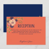 Rustieke bloemige koraal & marine trouwreceptiekaa (Voorkant / Achterkant)