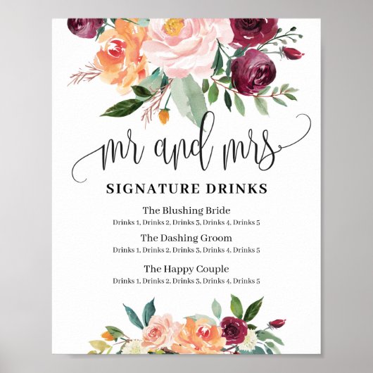 Rustieke bloemige mr en mrs handtekeningdranken bo poster (Voorkant)