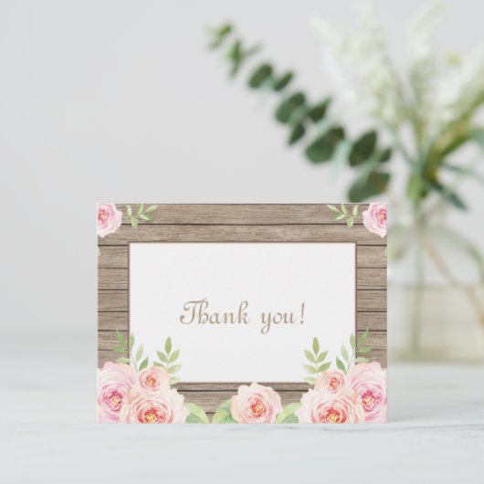 Rustieke bloemige oude houten trouw bedankje briefkaart (Staand voorkant)