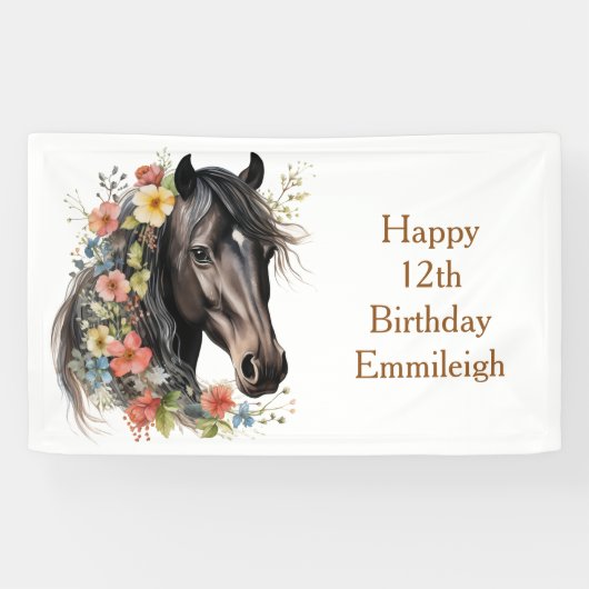 Rustieke bloemige paard 12e verjaardag spandoek (Horizontaal)