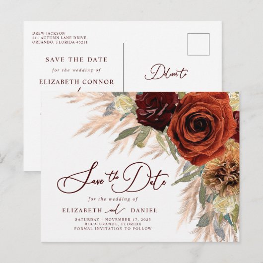 Rustieke bloemige Pampasgras Save The Date-ansicht Briefkaart (Voorkant / Achterkant)