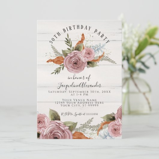 Rustieke bloemige pioenroos stoffig roze waterverf kaart (Staand voorkant)