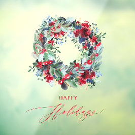 Rustieke bloemige rode kerstkrans fijne feestdagen raamsticker