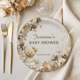 Rustieke bloemige teddybeer babyshower papieren bordje