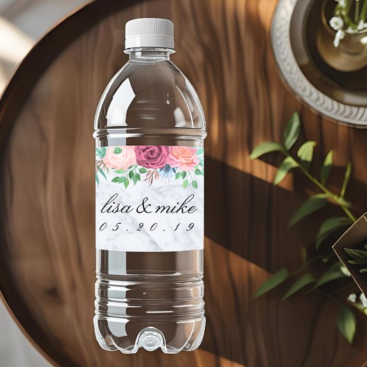 Rustieke bloemige trouwmarmer waterfles etiket