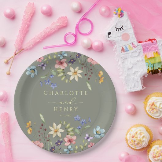 Rustieke bloemige wilde bloemen Eenvoudig groene t Papieren Bordje (Feest)