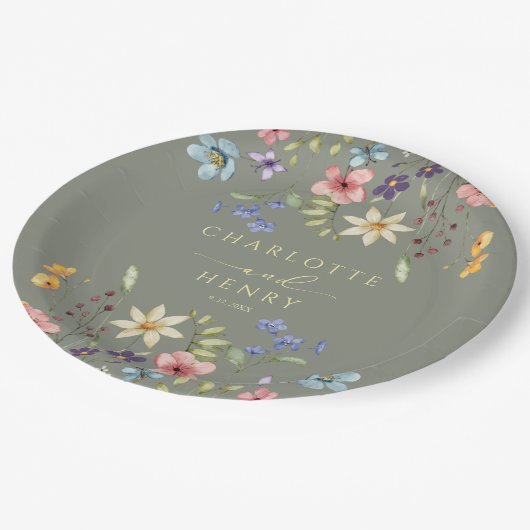 Rustieke bloemige wilde bloemen Eenvoudig groene t Papieren Bordje (Gekanteld)