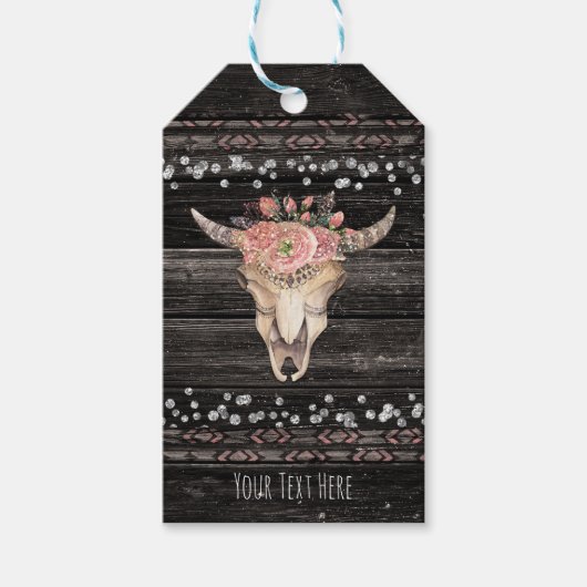 Rustieke bloemkoe skull boho chic aangepast feest cadeaulabel (Voorkant)