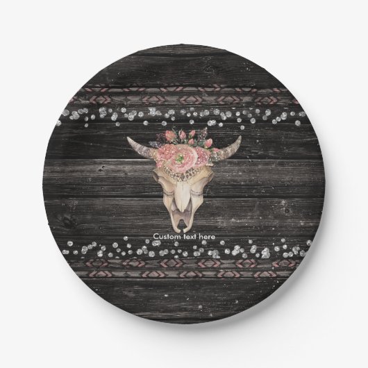 Rustieke bloemkoe skull boho chic aangepaste party papieren bordje (Voorkant)