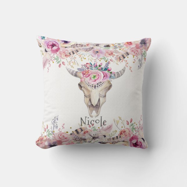 Rustieke bloemkoe skull boho chic glam aangepast kussen (Voorkant)