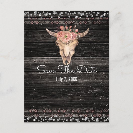 Rustieke bloemkoe skull boho chic save the date aankondigingskaart (Voorkant)