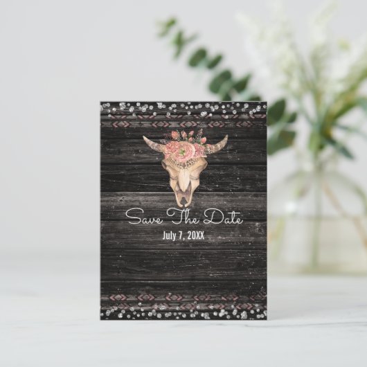 Rustieke bloemkoe skull boho chic save the date aankondigingskaart (Staand voorkant)