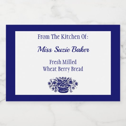 Rustieke Bloemmand Blauw Wit Bewerkbaar Voedselcontainer Etiket (Enkel label)