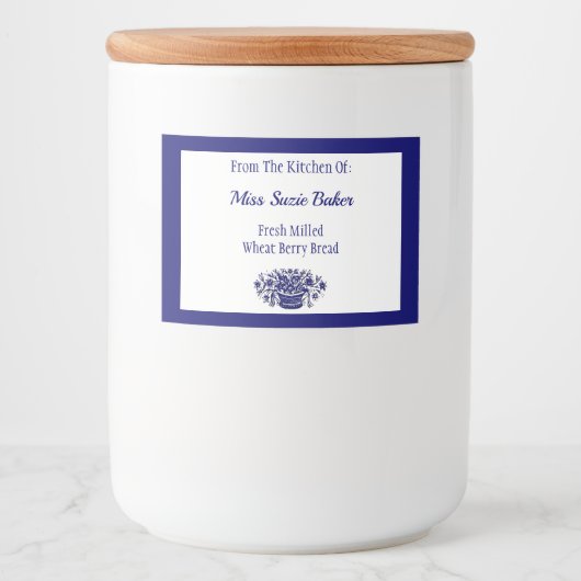 Rustieke Bloemmand Blauw Wit Bewerkbaar Voedselcontainer Etiket (Voorkant)