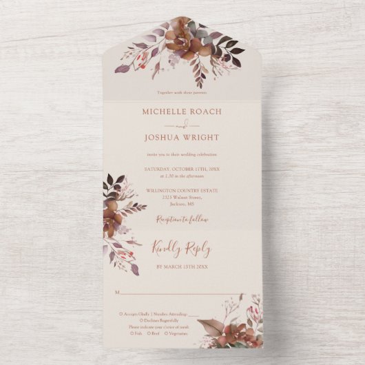 Rustieke bloemmonogram herfst bruiloft all in one uitnodiging (Binnen)