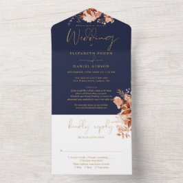 Rustieke bloemnavy en gouden details RSVP-huwelijk All In One Uitnodiging