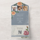 Rustieke bloemperzik roze stoffige blauwe bruiloft all in one uitnodiging (Binnen)