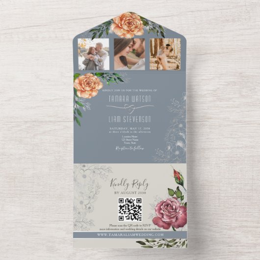 Rustieke bloemperzik roze stoffige blauwe bruiloft all in one uitnodiging (Binnen)