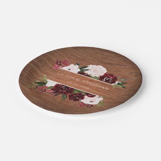 Rustieke bloemrijke burgundy en blos bruiloft papieren bordje (Gekanteld)