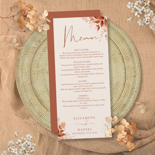 Rustieke bloemrijke herfst trouwdiner menu
