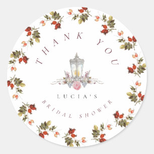 Rustieke bloemrozen bruiloftsdank je ronde sticker