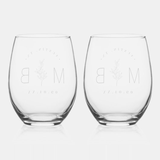 Rustieke bloemstengel bruiloft monogram wijnglas zonder voet (Achterkant)