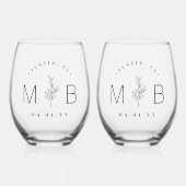 Rustieke bloemstengel bruiloft monogram wijnglas zonder voet (Voorkant)