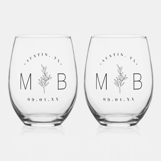 Rustieke bloemstengel bruiloft monogram wijnglas zonder voet (Voorkant)