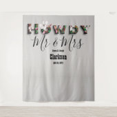 Rustieke bloemstuk Howdy Mr Mrs linnen fotobackdro Wandkleed (Voorkant)