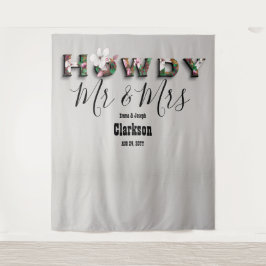 Rustieke bloemstuk Howdy Mr Mrs linnen fotobackdro Wandkleed