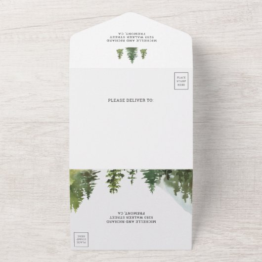 Rustieke blokhut bergwoud meer trouwen all in one uitnodiging (Buitenkant)