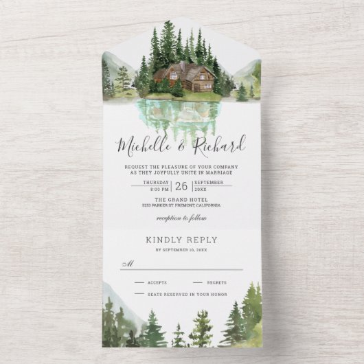 Rustieke blokhut bergwoud meer trouwen all in one uitnodiging (Binnen)