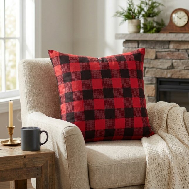 Rustieke blokhut rood en zwart buffelplaid kussen (Rustic Cabin Red and Black Buffalo Plaid Throw Pillow)