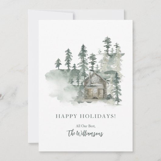 Rustieke blokhut watercolor bos groen gepersonalis feestdagenkaart (Voorkant)