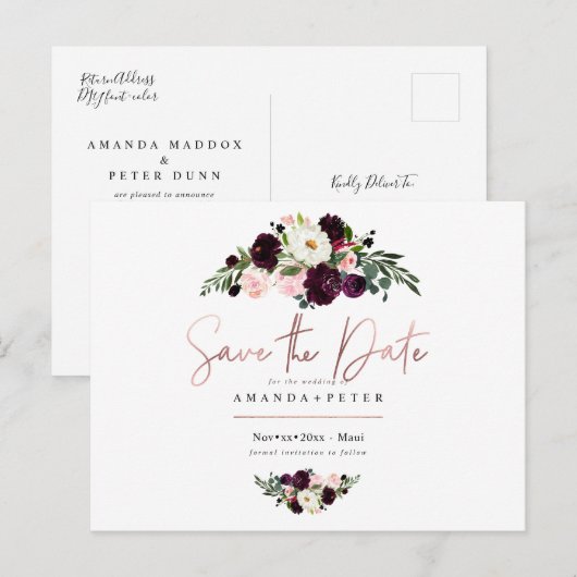 Rustieke Bloom, Bourgogne Bloemen Save the Date Briefkaart (Voorkant / Achterkant)
