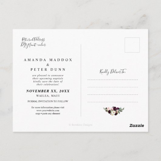 Rustieke Bloom, Bourgogne Bloemen Save the Date Briefkaart (Achterkant)