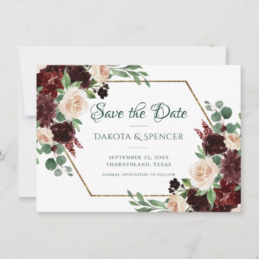 Rustieke Blooms | Terracotta en Marsala Red Floral Save The Date (Voorkant)