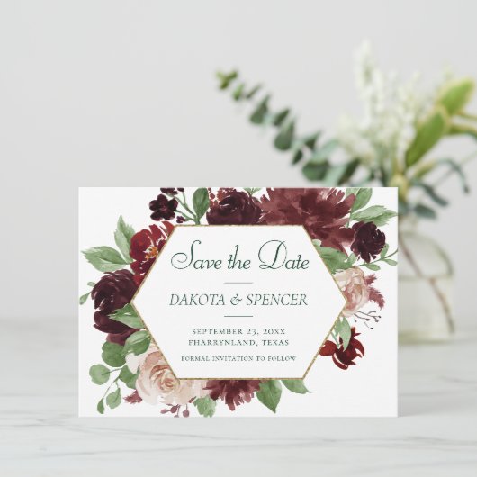 Rustieke Blooms | Terracotta en Marsala Red Floral Save The Date (Staand voorkant)